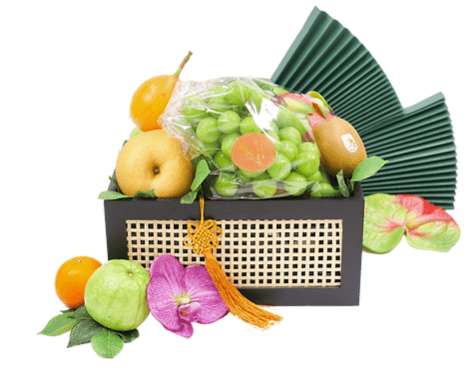 A VWOWGIFTS 2023 Elegant Mid-Autumn Festival Fruit Basket filled with fruit and flowers.