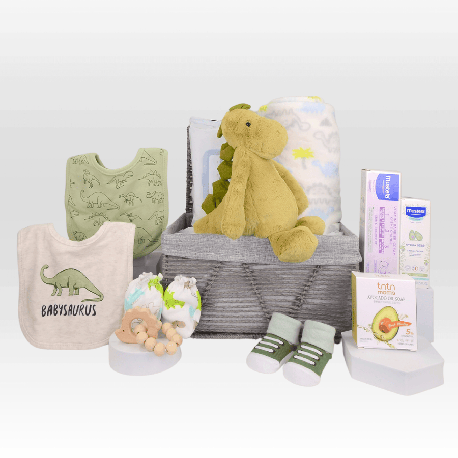 IDEAL BABY GIFT SET HAMPER｜Bashful Dino｜Baby Knit Blanket｜Baby Bib｜Baby Wet Wipes｜Rattle Teether｜Baby Mitten｜Avocado Oil Soap Bar｜Barrier Cream｜Facial Cream｜理想嬰兒禮品套裝禮籃｜害羞恐龍｜嬰兒針織毯子｜口水肩｜濕紙巾｜搖鈴牙膠｜嬰兒手套｜牛油果油番皂｜護膚膏｜水份潤面霜｜嬰兒襪