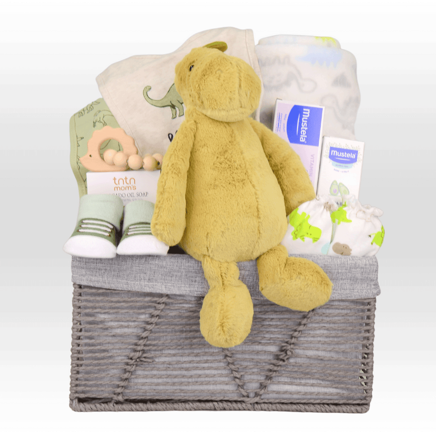 IDEAL BABY GIFT SET HAMPER｜Bashful Dino｜Baby Knit Blanket｜Baby Bib｜Baby Wet Wipes｜Rattle Teether｜Baby Mitten｜Avocado Oil Soap Bar｜Barrier Cream｜Facial Cream｜理想嬰兒禮品套裝禮籃｜害羞恐龍｜嬰兒針織毯子｜口水肩｜濕紙巾｜搖鈴牙膠｜嬰兒手套｜牛油果油番皂｜護膚膏｜水份潤面霜｜嬰兒襪