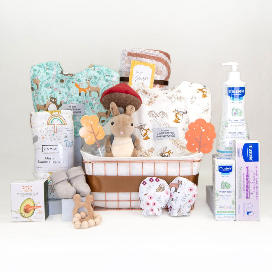 COSY BABY HAMPER｜Fungi Forager Bunny｜Boxed Muslin｜Baby Knit Blanket｜Animals Rattle Teether｜Baby Socks｜Baby Mitten｜Avocado Oil Soap Bar｜舒適嬰兒禮籃｜採蘑菇小兔子｜袋裝紗巾｜嬰兒針織毯子｜動物搖鈴牙膠｜初生嬰兒襪｜嬰兒手套｜牛油果油番皂