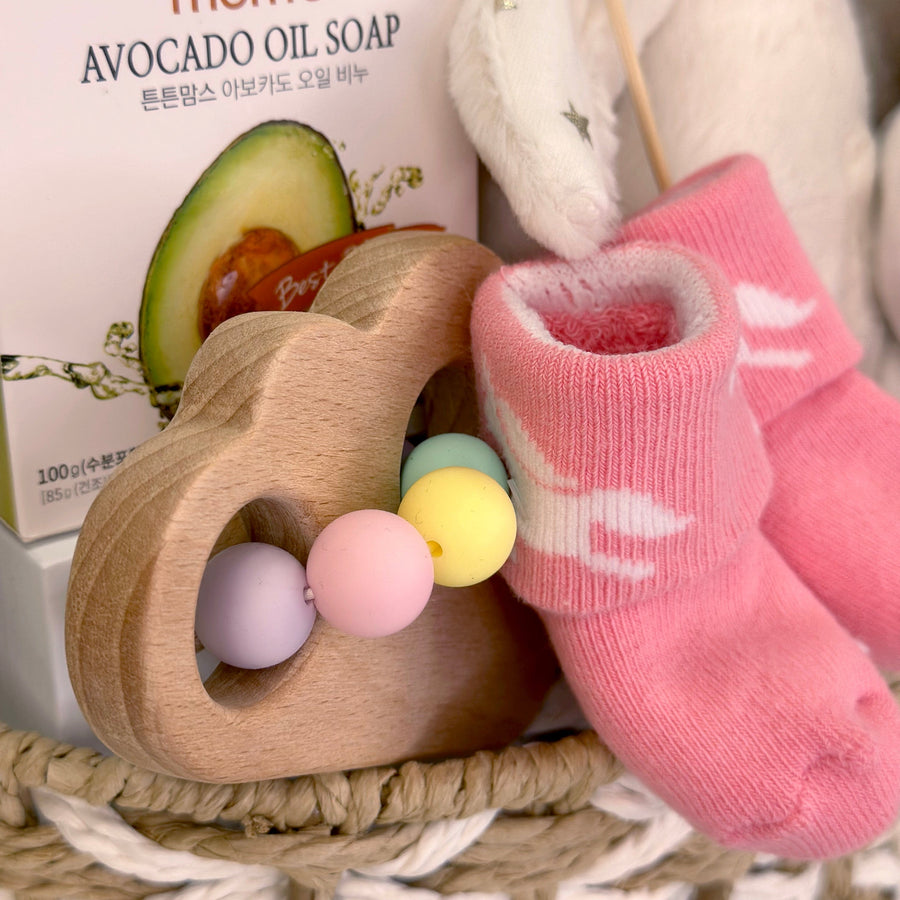 Baby wooden teether | baby socks | Baby Oil soap