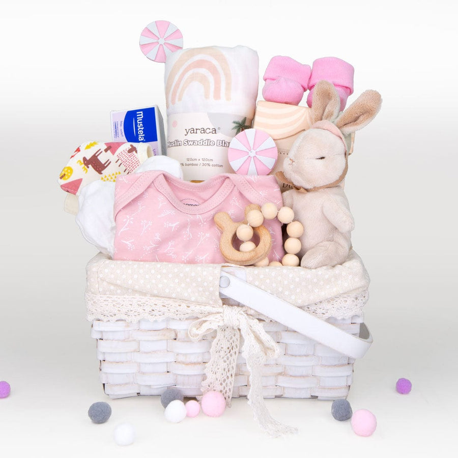 A VWOWGIFTS DELUXE BABY GIFT HAMPER with a pink bunny.