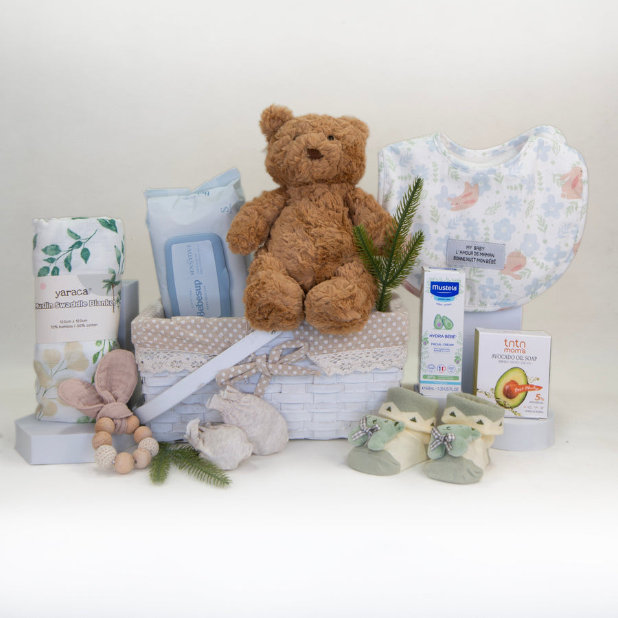 baby hamper | Gift | Jellycat | Teddy Bear | Mustela | Baby oil soap | natural