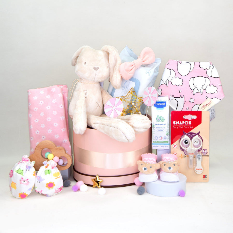 HELLO CUTIE BABY HAMPER｜Baby Plush Toy｜Infant Wrap｜socks｜Nail Care Set｜Wipes｜Triangle Bibs｜Facial Cream｜Mitten｜Girl Headband｜Hello小可愛BB禮籃｜嬰兒毛絨公仔｜嬰兒紗巾｜嬰兒造型襪｜修甲套装｜濕巾｜三角巾｜水份潤面霜｜手套｜頭帶