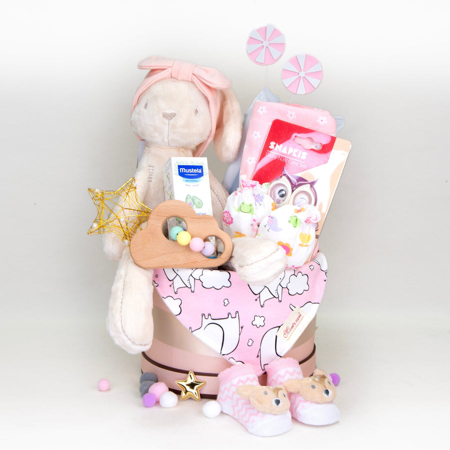 HELLO CUTIE BABY HAMPER｜Baby Plush Toy｜Infant Wrap｜socks｜Nail Care Set｜Wipes｜Triangle Bibs｜Facial Cream｜Mitten｜Girl Headband｜Hello小可愛BB禮籃｜嬰兒毛絨公仔｜嬰兒紗巾｜嬰兒造型襪｜修甲套装｜濕巾｜三角巾｜水份潤面霜｜手套｜頭帶