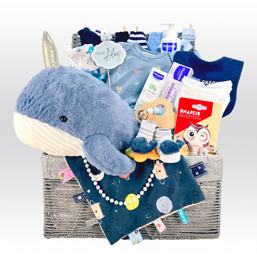 Baby Hamper | Gift | Blue Shark | narwhale | Mustela | Snapkis | Navy Blue | Baby Boy | New Born gift