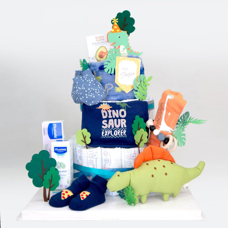 A VWOWGIFTS DINOSAUR DIAPER CAKE decorated with dinosaurs and toys.