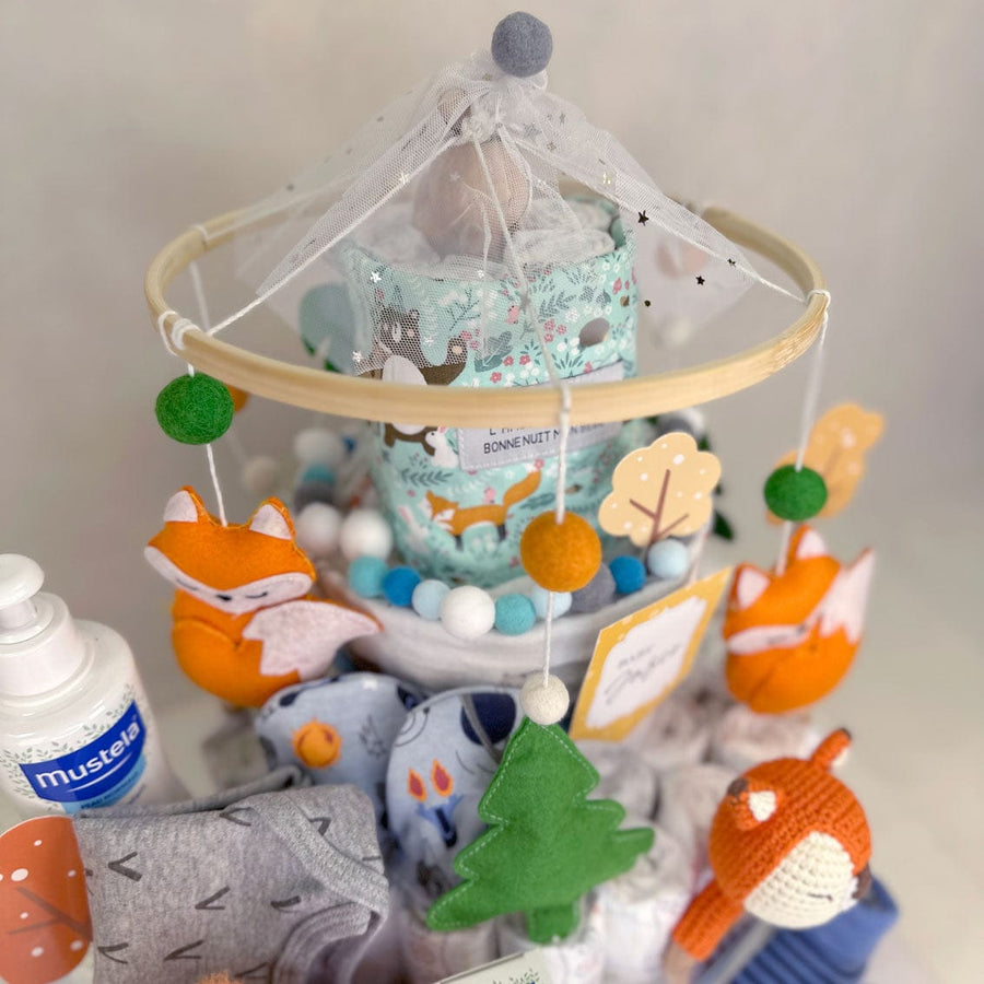 ADORABLE FOX DIAPER CAKE｜Baby Wooden Musical Crib Mobile｜Romper｜Diapers｜Gentle Cleansing Gel｜可愛狐狸尿片蛋糕｜嬰兒木制音樂嬰兒床鈴｜嬰兒連身衣｜尿片｜嬰兒髮膚沐浴啫喱