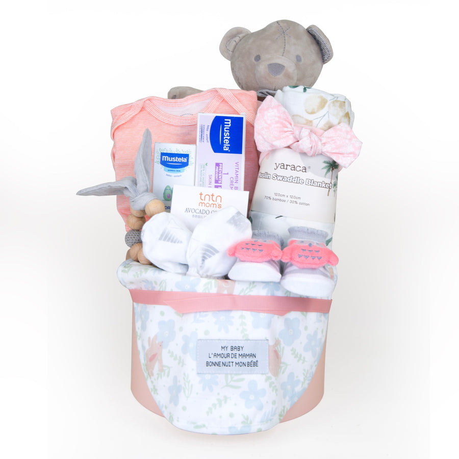 Baby Hamper | Gift | Baby Toy | Mustela | Grey Bear | Romper | Baby mitten | Baby Girl | Pink