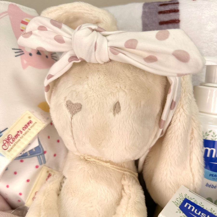 A VWOWGIFTS Luxury Baby Hamper filled with newborn essentials and a stuffed bunny.