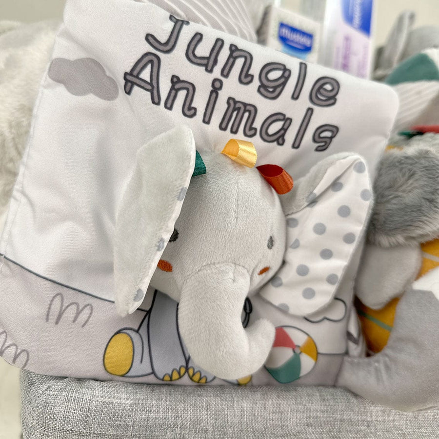 A VWOWGIFTS Welcome Baby Gift Set with a stuffed animal hamper.