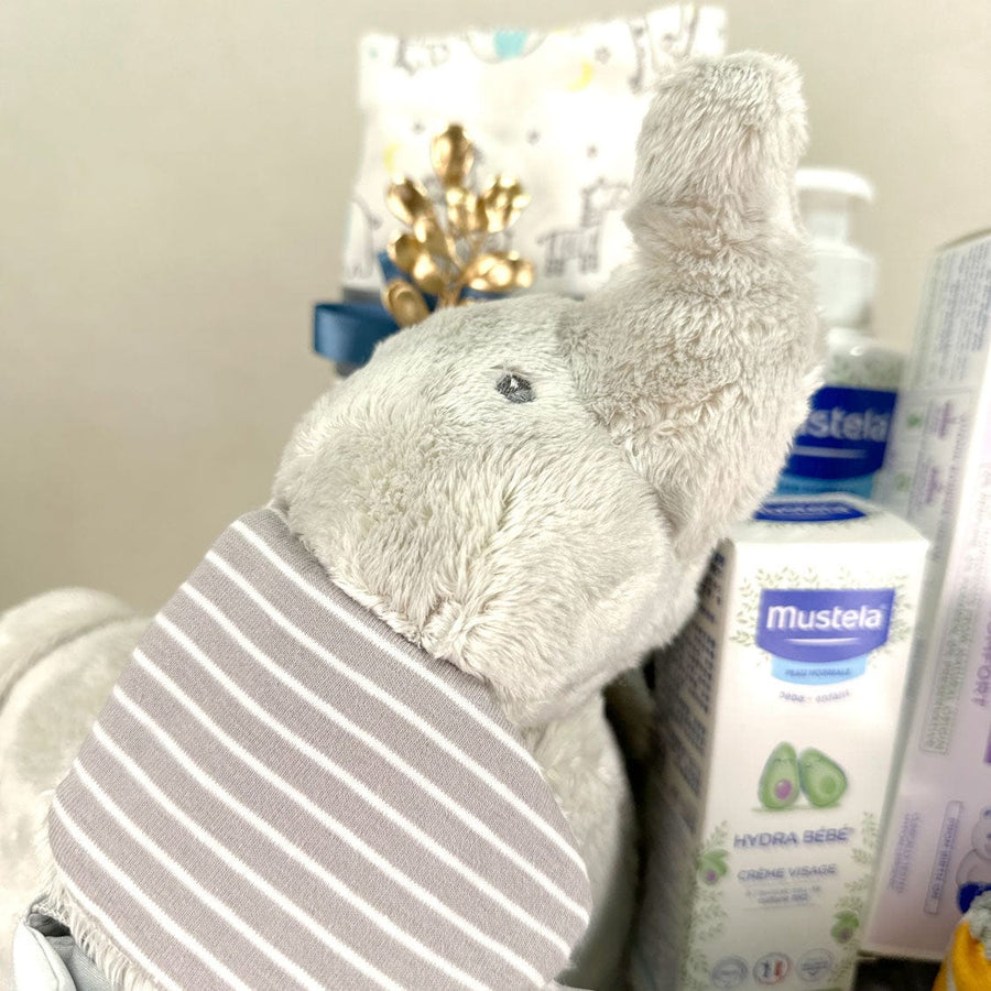 A VWOWGIFTS WELCOME BABY GIFT SET with a stuffed elephant in a hamper.