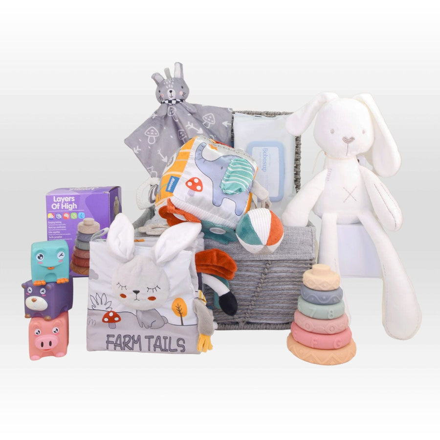 BABY'S FIRST GIFT SET HAMPER | Baby Plush Toy | Baby Security Blanket | Building Blocks | Fabric Book | Baby Wet Wipes | Woven Storage Box | BB的第一個禮品套裝禮籃 | 嬰兒毛絨公仔 | 嬰兒按撫巾 | 積木玩具 | 布書 | 嬰兒濕紙巾 | 草繩編織籃