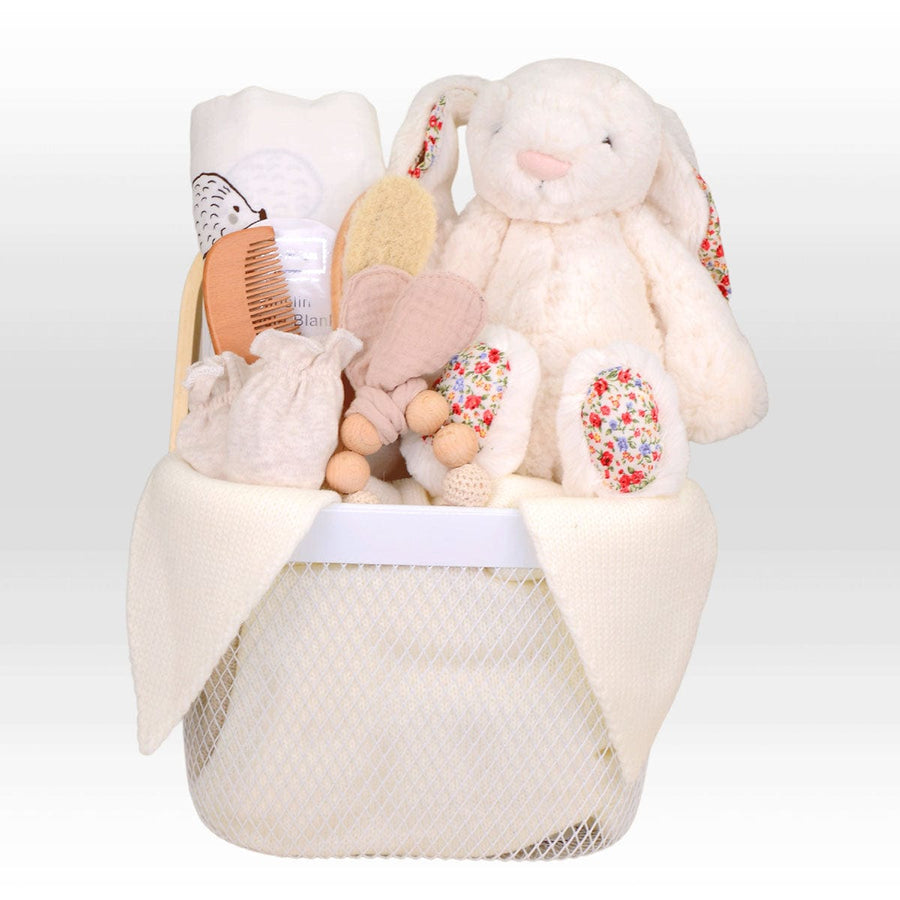 ENCHANTED BABY GIFT SET HAMPER｜Blossom Blush Bunny｜Boxed Muslin｜Mitten｜Wet Wipes｜Hair Brush Set｜Knit Blanket｜Complimentary Message Card｜迷人BB禮品套裝禮籃｜玩具兔仔｜袋裝紗巾｜嬰兒手套｜嬰兒濕紙巾｜髮刷套裝｜針織毯子｜免費心意卡