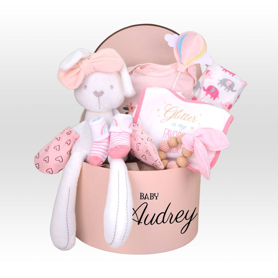 A BABY GIRL HAMPER filled with HOT AIR BALLOON OF LOVE and a bunny, perfect for Baby Gifts.