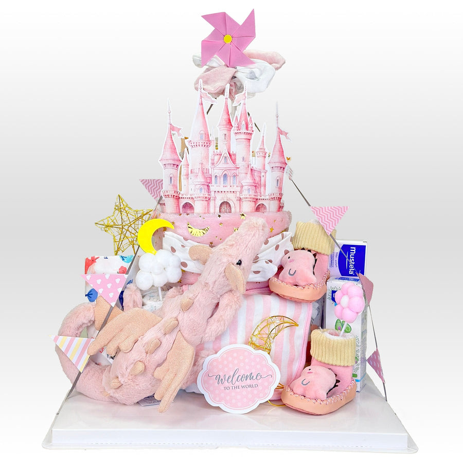 PINK DRAGON BABY PRINCESS CASTLE FAIRY DIAPER CAKE