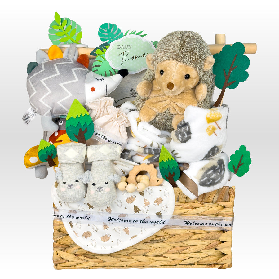 Hedgehog baby gifts | Newborn hamper set | Organic cotton bodysuit
Baby cot mobile | Knitted nursery blanket | Wooden teething toy