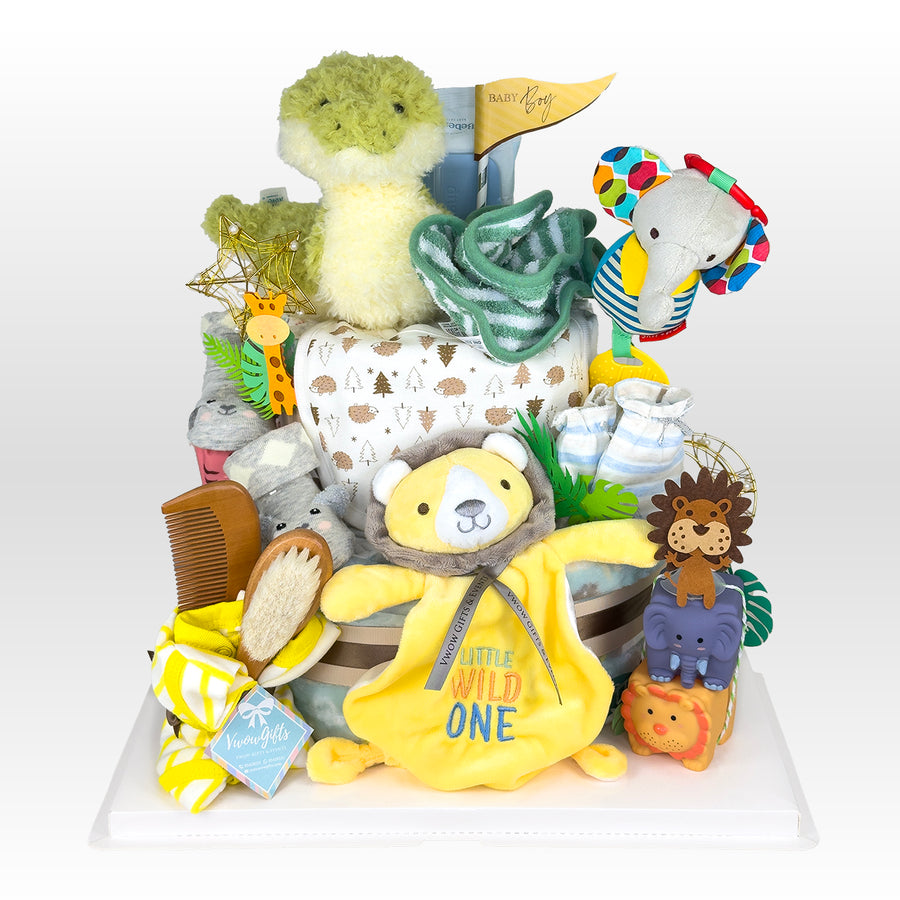 Baby gift basket with toys and a diaper cake on a white background | Jellycat Snake Plush Toy 16cm