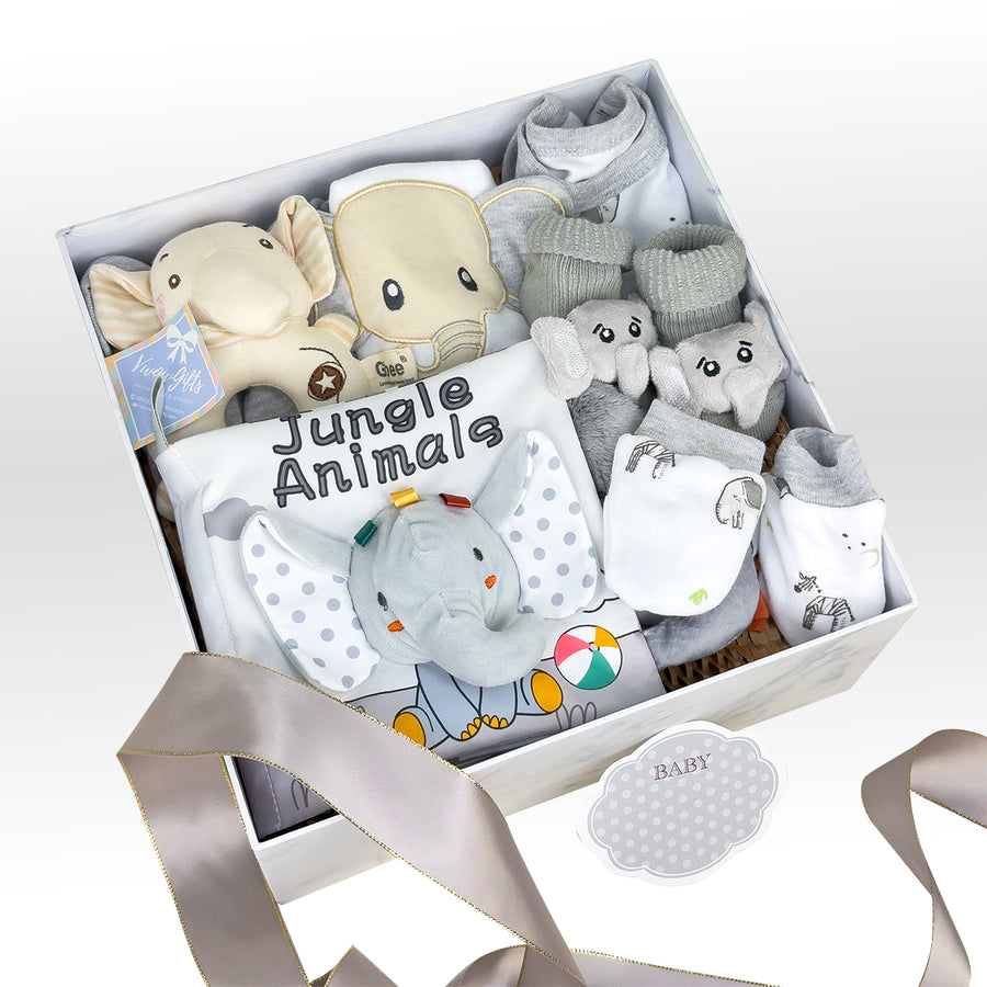 Elephant baby gift set, newborn essentials, baby cotton set, elephant cloth book, baby shower gifts, premium baby hamper, elephant plush rattle