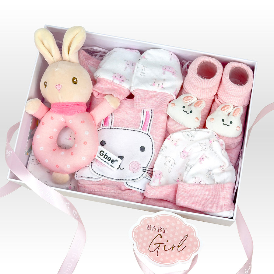 Pink rabbit baby gift, newborn girl gifts, personalized baby hamper, cotton baby set, rabbit plush rattle, baby shower presents, cute baby socks.