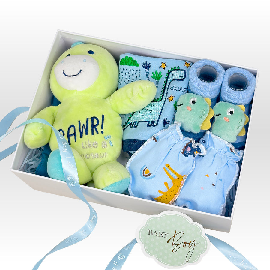 Dinosaur baby gift, newborn boy gifts, personalized baby hamper, cotton baby set, dinosaur rattle doll, baby shower presents, baby boy socks