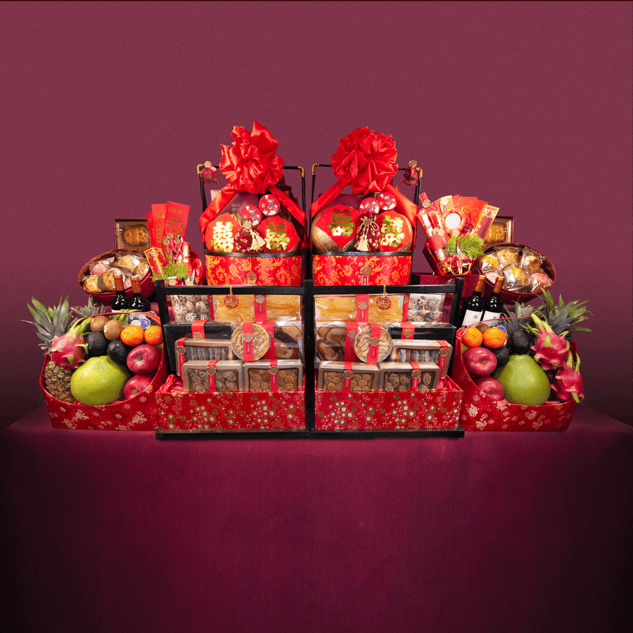 DOUBLE HARMONY 8-styles Chinese Wedding Hamper Package｜Dried Seafood Hampers｜Fruit Hampers｜Golden Coconut Hampers｜Dragon and Phoenix Cake｜European Red Wine｜Kee Wah Chinese Bridal Cake｜Chinese Wedding Red Packets｜琴瑟和鳴 八式過大禮禮籃｜海味禮籃｜水果禮籃｜黃金椰子禮籃｜龍鳳餅｜歐洲紅酒｜奇華喜餅｜中式婚禮紅包