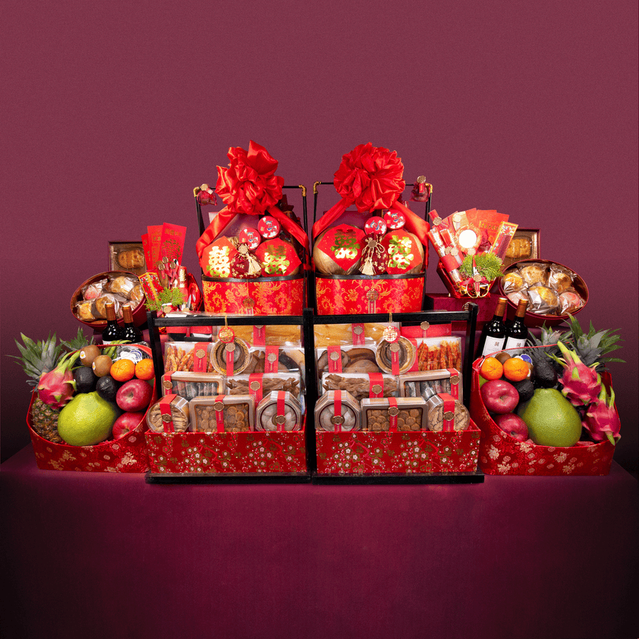 DRAGON AND PHOENIX 10-styles Chinese Wedding Hamper Package｜Dried Seafood Hampers｜Fruit Hampers｜Golden Coconut Hampers｜Dragon and Phoenix Cake｜European Red Wine｜Kee Wah Chinese Bridal Cake｜Chinese Wedding Red Packets｜龍騰鳳翔 十式過大禮禮籃｜海味禮籃｜水果禮籃｜黃金椰子禮籃｜龍鳳餅｜歐洲紅酒｜奇華喜餅｜中式婚禮紅包