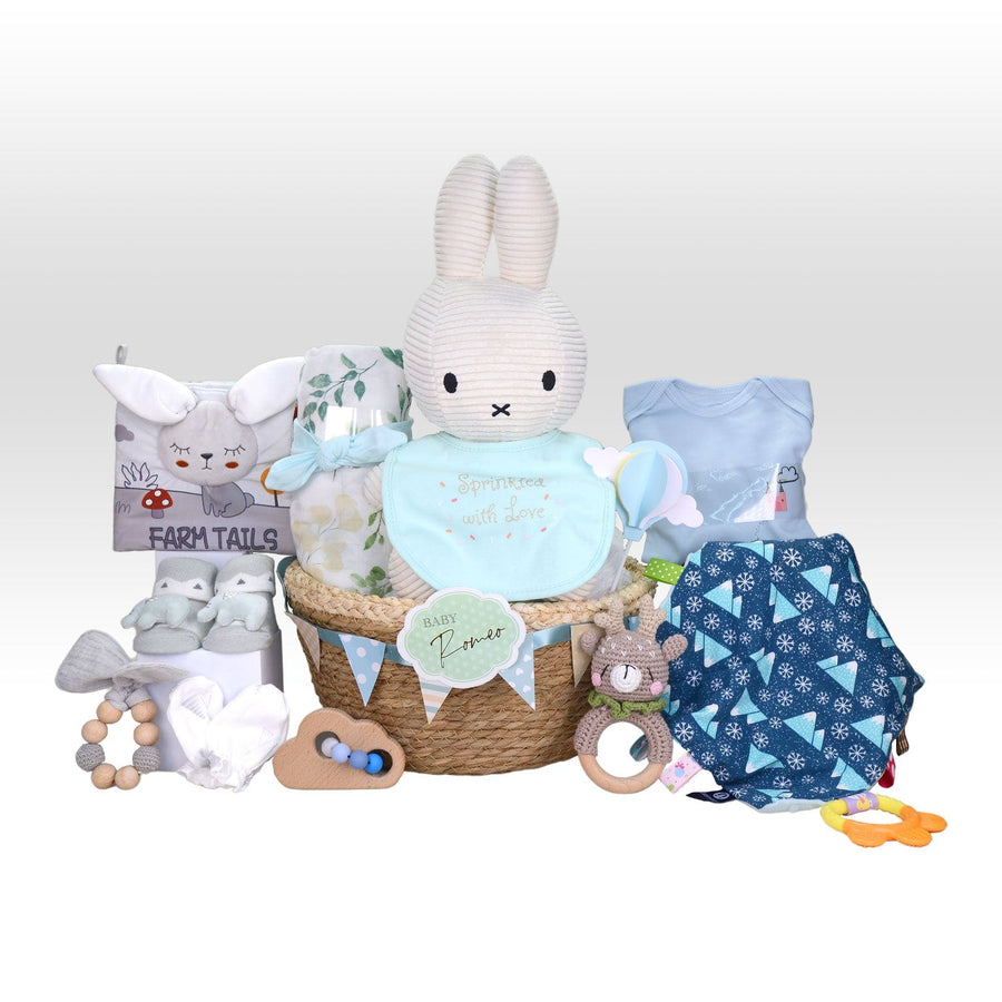 A VWOWGIFTS Baby Gifts Bunny Fun and Colorful Gift Hamper with a blue bunny.