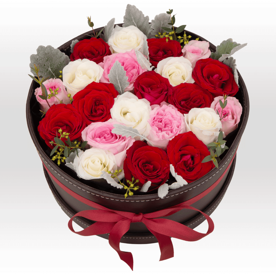 A VIVACIOUS FLOWER GIFT BOX from VWOWGIFTS with red, white and pink roses.