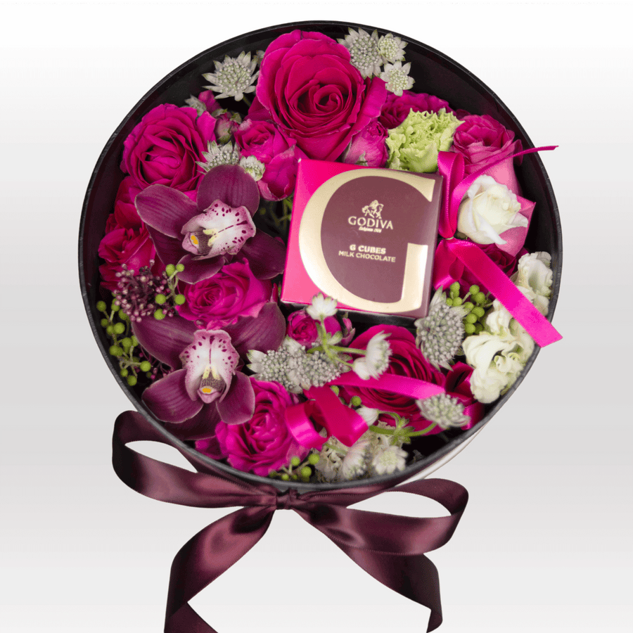 GORGEOUS FLOWER GIFT SET HAMPER｜Rose｜Cymbidium｜Seasonal Foliage｜Godiva Chocolate G Cube Truffles｜華麗鮮花禮盒｜玫瑰花｜蕙蘭｜時令伴草｜Godiva