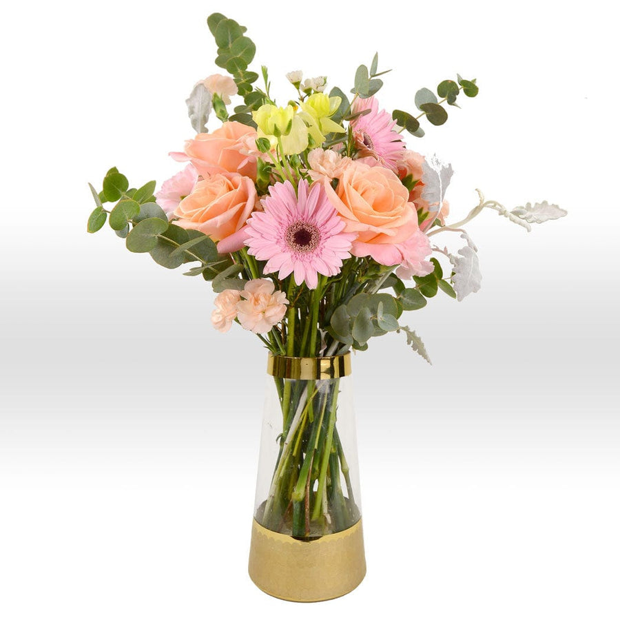 FRAGRANT FLORAL VASE BOUQUET HAMPER｜Rose｜Carnation｜Seasonal Foliage｜Golden Glass Flower Vase｜花香四溢瓶花禮籃｜玫瑰｜康乃馨｜時令伴草｜金色玻璃花瓶