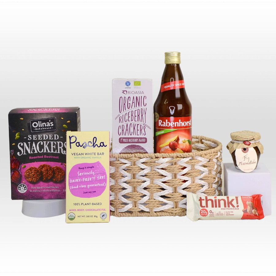 DELICIOUS DEALS HAMPER｜Organic｜Brown Rice Crackers｜Seeded Snackers｜Gluten Free Chocolate Bar｜FIg Marmalade｜Juice｜Protein Bars｜Complimentary Message Card｜滋味享受禮籃｜有機｜糙米餅｜種子零食｜無麩質朱古力｜無花果果醬｜果汁｜蛋白質棒｜免費心意卡