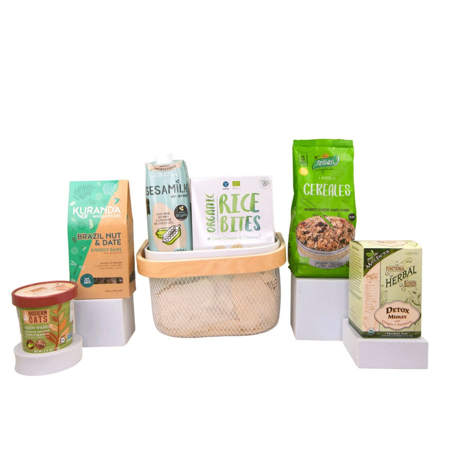 EPICUREAN TREATS HAMPER｜Organic｜Rice Bites｜White Sesame Milk｜Cereals Muesli with Raisins｜breadsticks｜Energy Bars｜Green Tea｜美食佳餚禮籃｜有機｜米片｜白芝麻奶｜葡萄乾穀物麥片｜麵包棒｜能量棒｜綠荼