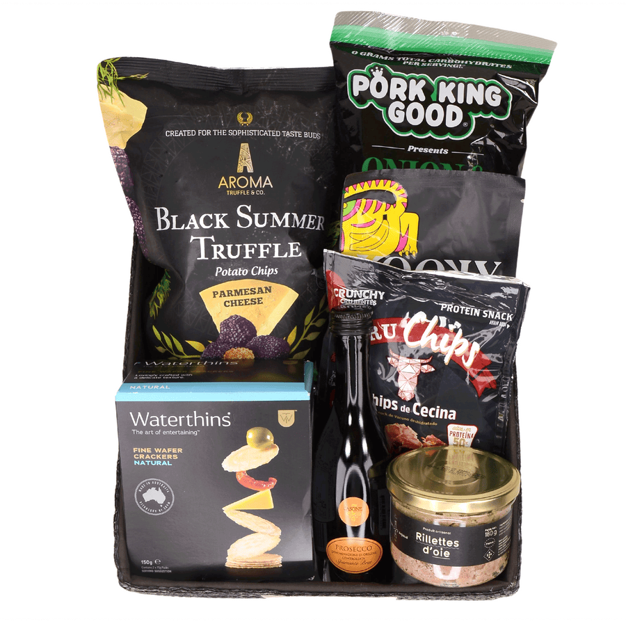 GOURMET GOODNESS HAMPER｜Mini Prosecco｜Duck Rillettes｜Spanish Beef Chips｜Gourmet Almond｜Vegan Protein Cookies｜Truffle Potato Chips｜Pork Rinds｜Freeze Dried & Gently Dried Tropical Fruits｜精選美食佳餚禮籃｜迷你起泡酒｜鴨肉醬｜西班牙牛肉片｜杏仁｜素食蛋白餅乾｜黑松露薯片｜豬皮小食｜凍乾熱帶水果片