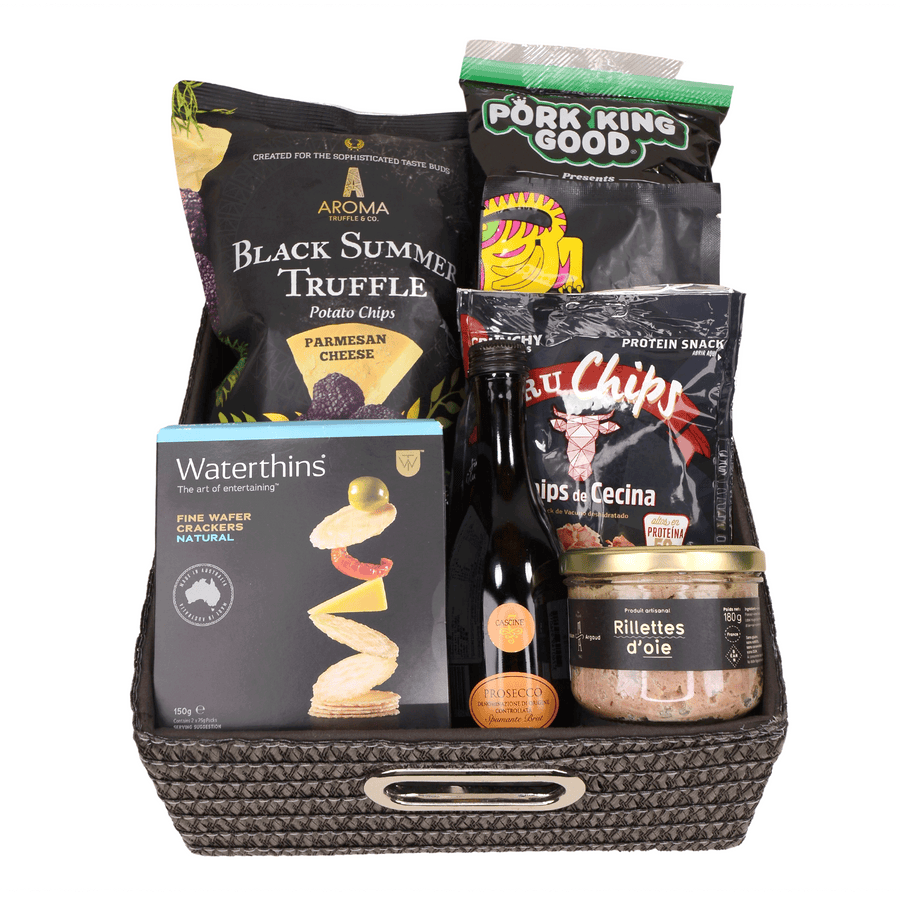 GOURMET GOODNESS HAMPER｜Mini Prosecco｜Duck Rillettes｜Spanish Beef Chips｜Gourmet Almond｜Vegan Protein Cookies｜Truffle Potato Chips｜Pork Rinds｜Freeze Dried & Gently Dried Tropical Fruits｜精選美食佳餚禮籃｜迷你起泡酒｜鴨肉醬｜西班牙牛肉片｜杏仁｜素食蛋白餅乾｜黑松露薯片｜豬皮小食｜凍乾熱帶水果片