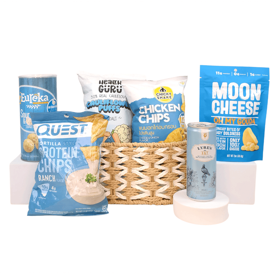 FOODIE'S DREAM GIFT HAMPER | Cheese Snacks | Cauliflower Puffs | Zero Fat Chicken Breast Chips | Popcorn | Protein Chips | non-alcoholic Cocktails Drinks | 美食家的夢想禮物禮籃 | 芝士小食 | 椰菜泡芙 | 零脂雞胸肉片 | 爆谷 | 蛋白脆片 | 無酒精雞尾酒飲品