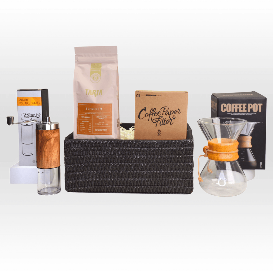 GOOD MORNING VIBES HAMPER｜Coffee Maker｜Coffee Filter Paper｜Wooden Coffee Bean Grinder｜Espresso Coffee Bean｜活力早晨禮籃｜手沖咖啡壺｜咖啡濾紙｜木質咖啡豆研磨機｜意式特濃咖啡豆