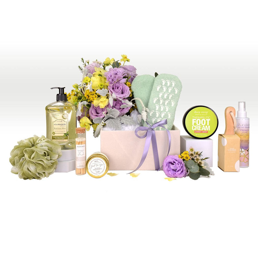 A VWOWGIFTS FLORAL BEAUTY SKINCARE HAMPER FOR MOTHER'S DAY with flowers, soaps and lotions.