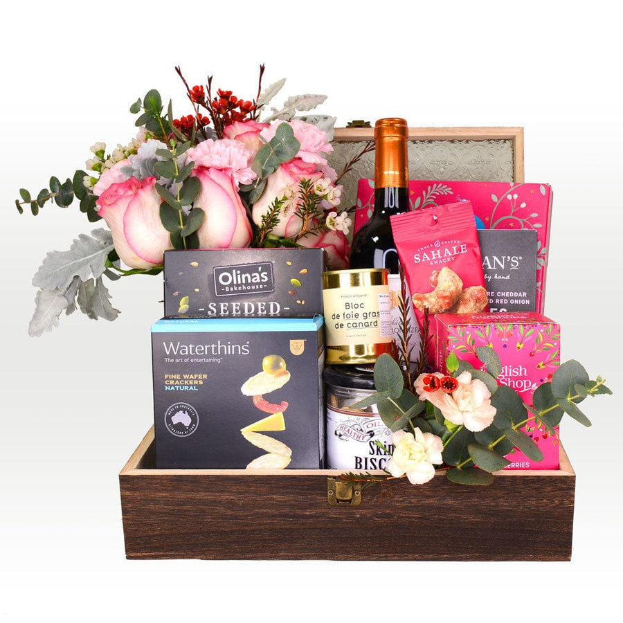 A VWOWGIFTS gift box with SAVORY SENSATION wine, chocolates, and flowers.