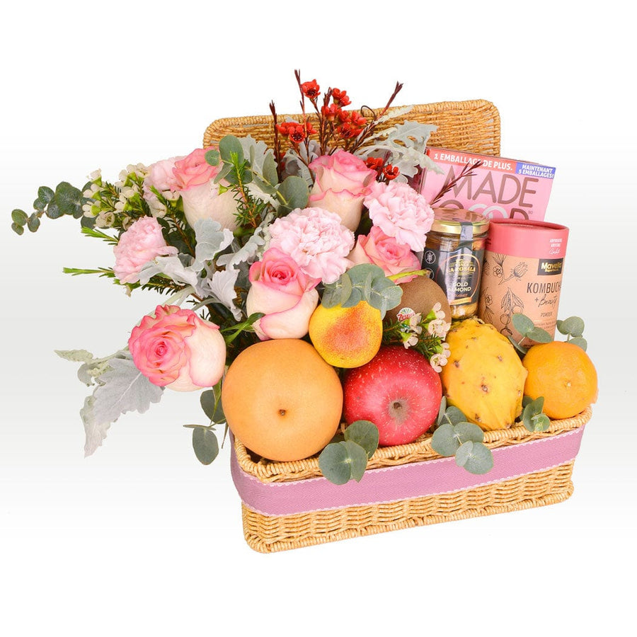 FLORAL AND FRUITY GIFT HAMPER｜freshly imported fruits｜Freshest Mini Flower Bouquet｜Gourmet Almond｜Organic Granola Bars｜KOMBUCHA Power｜花香果味禮物籃｜新鮮進口水果｜時令迷你花束｜杏仁｜有機燕麥小食｜康普茶粉