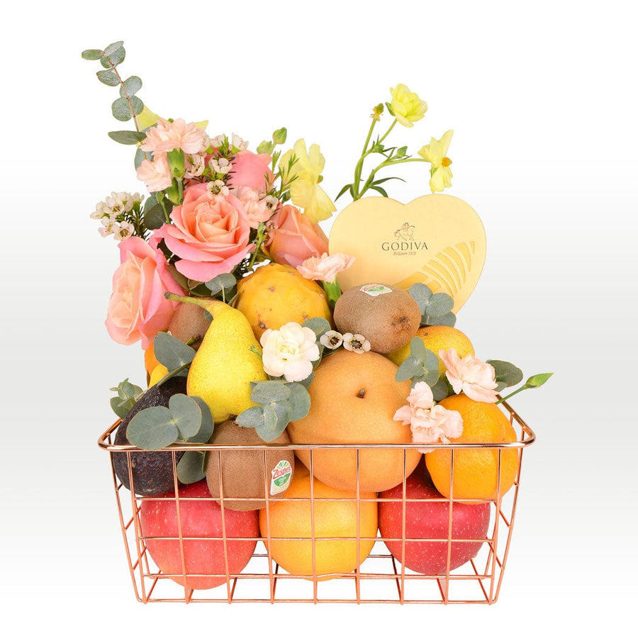 FRUIT & FLORAL DELIGHT CHOCOLATE HAMPER｜freshly imported fruits｜Freshest Mini Flower Bouquet｜Godiva｜花漾果香朱古力禮籃｜新鮮進口水果｜時令迷你花束｜