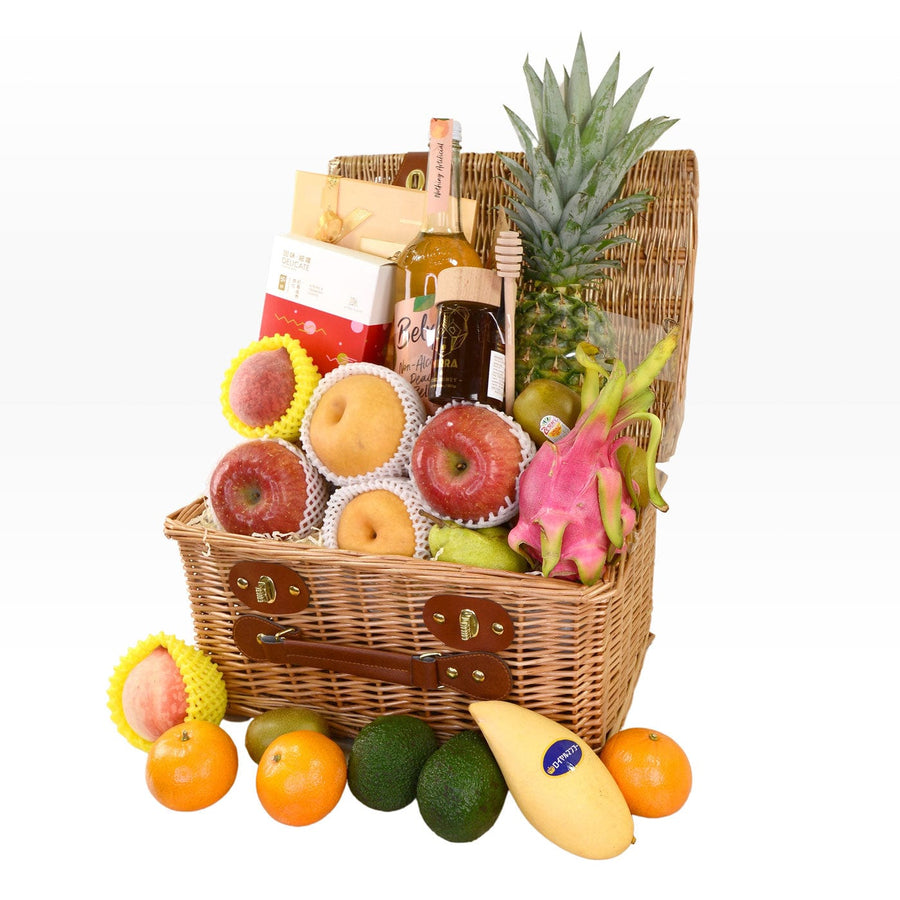 A VWOWGIFTS Hamper filled with fruit.