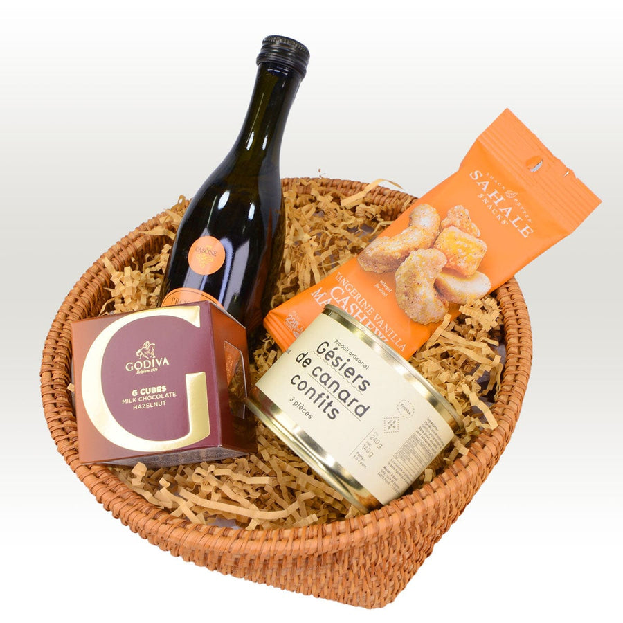 A VWOWGIFTS LEISURELY DELIGHTS GIFT BASKET with a bottle of wine, nuts, and crackers.