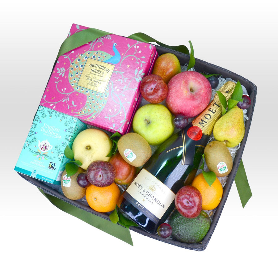 A FRUITFUL CHEERS Hamper featuring fruit and champagne from VWOWGIFTS.