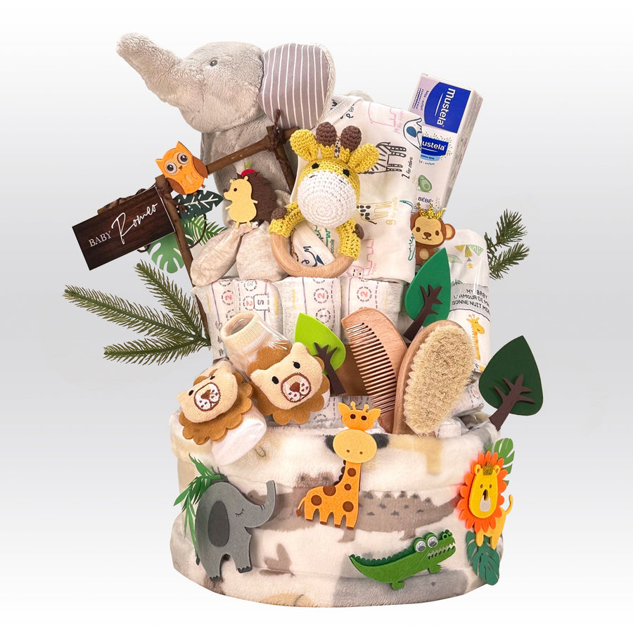 FOREST DIAPER CAKE HAMPER｜Plush Toy｜Animals Rattle｜Romper｜Bib｜Mitten｜socks｜Barrier Cream｜Facial Cream｜Diapers｜森林主題尿片蛋糕禮籃｜毛絨公仔｜動物搖鈴｜嬰兒連身衣｜口水肩｜嬰兒手套｜嬰兒造型襪｜護膚膏｜水份潤面霜