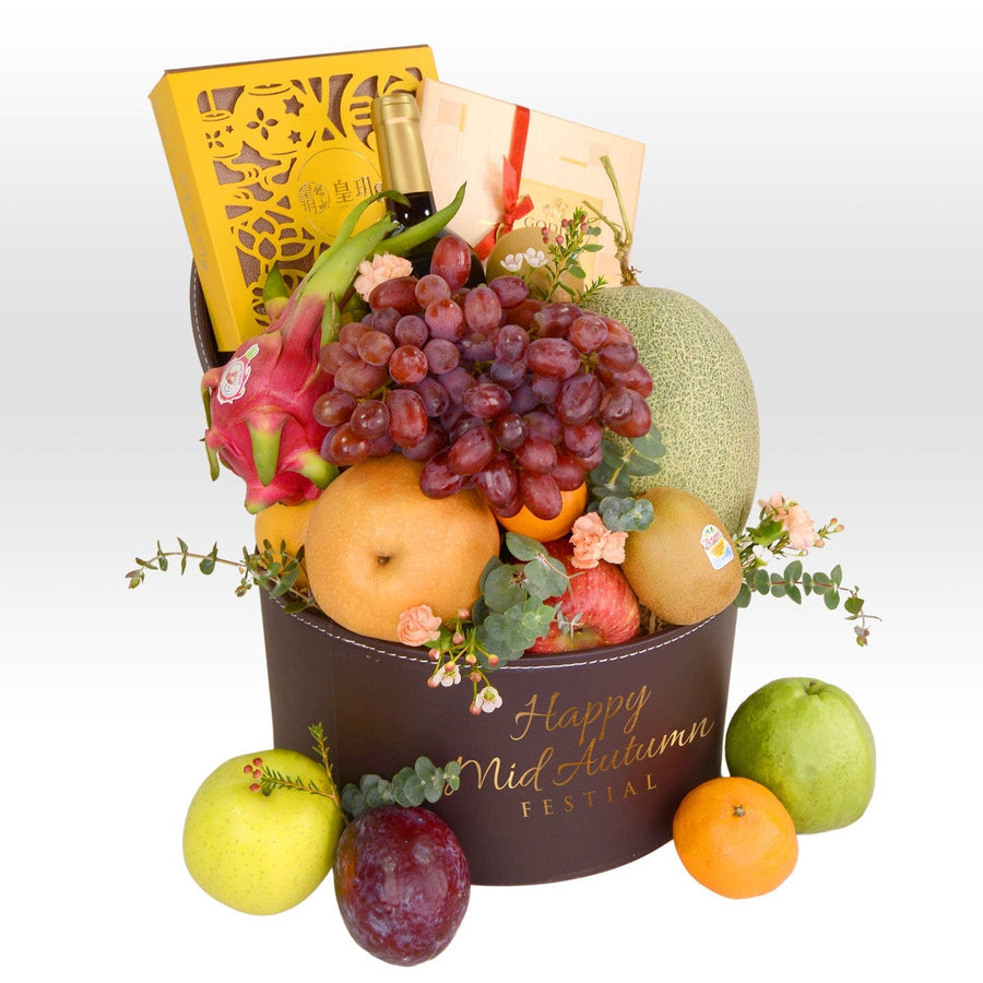 A box filled with ABUNDANT HARVEST MID-AUTUMN FRUIT HAMPER WITH IMPERIAL PATISSERIE MOONCAKE from VWOWGIFTS.