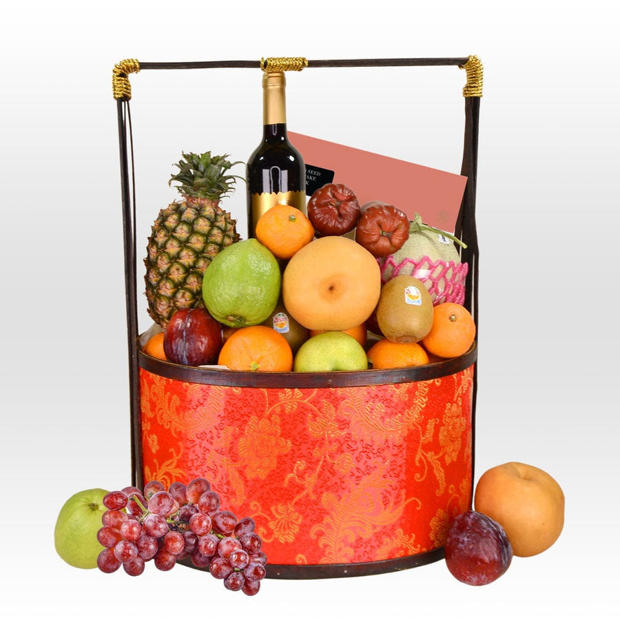 A VWOWGIFTS UNITY GIFT MID-AUTUMN FRUIT HAMPER YOUR WITH MOONCAKE and a bottle of wine.