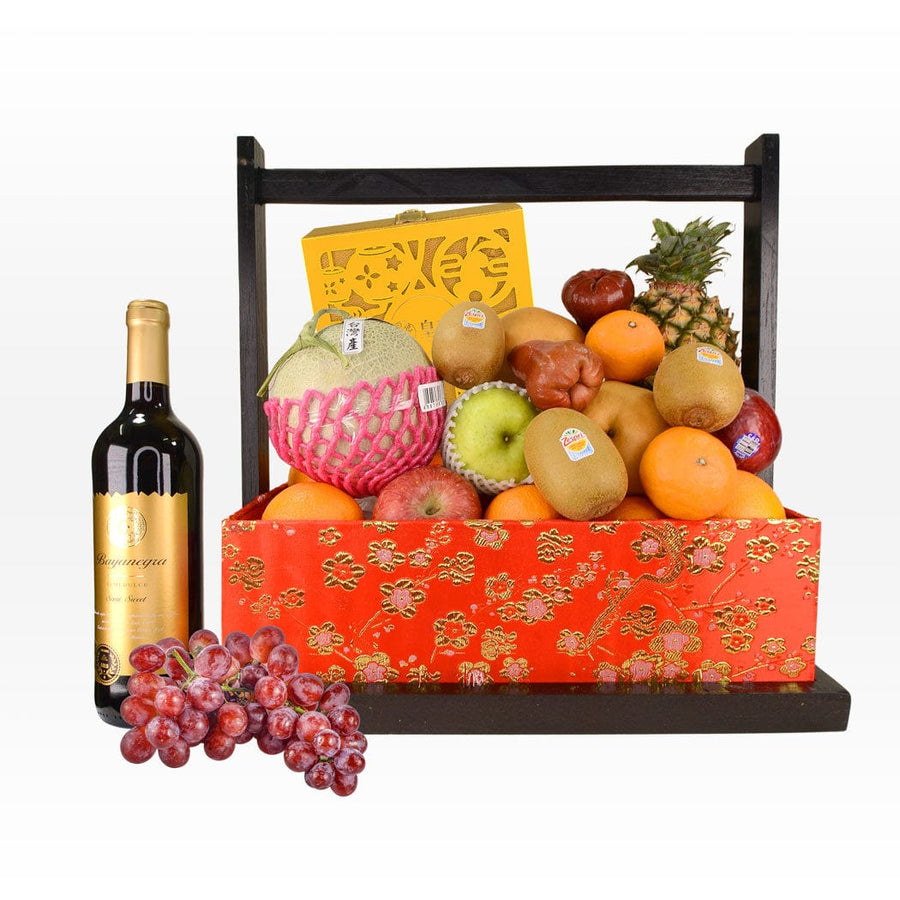 A basket of MOONLIT GATHERING MID-AUTUMN FRUIT WITH MOONCAKE from VWOWGIFTS and a bottle of wine.