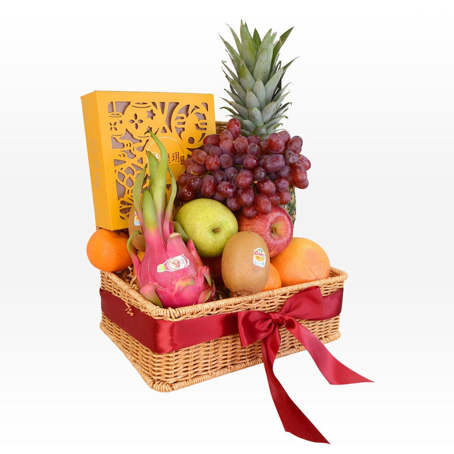A VWOWGIFTS wicker basket filled with SWEET CELEBRATIONS MID AUTUMN FRUIT HAMPER WITH IMPERIAL PATISSERIE MOONCAKE.