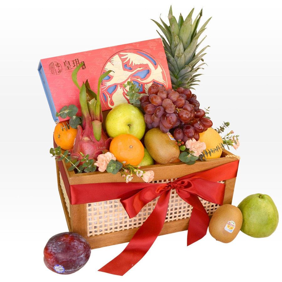FULL MOON CELEBRATIONS MID AUTUMN FRUIT HAMPER WITH IMPERIAL PATISSERIE MOONCAKE｜freshly imported fruits｜Classic assorted lava mooncakes｜Seasonal Foliage｜滿月慶祝中秋果籃配皇玥月餅｜新鮮進口水果｜經典流心雙輝月餅｜時令伴草｜皇玥